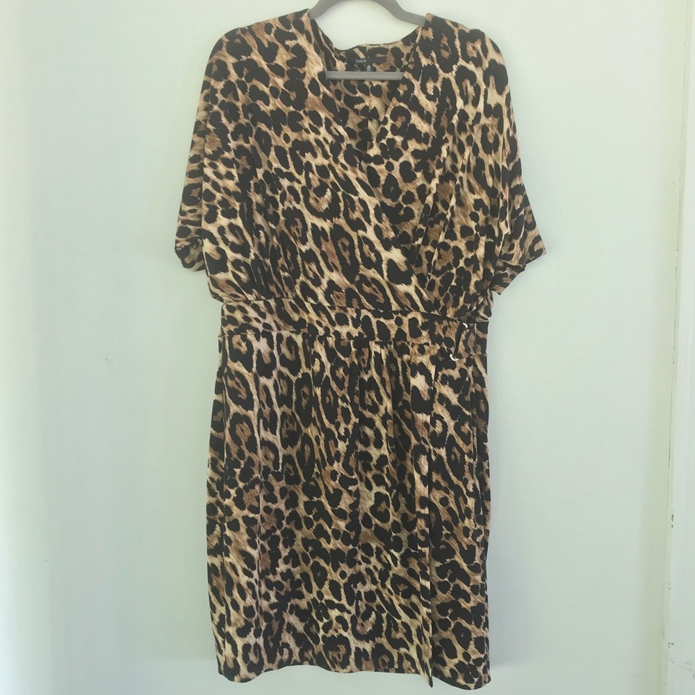 Chaus Animal Leopard Print Faux Wrap Style Midi Dress